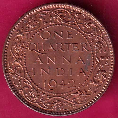 BRITISH INDIA 1942 GEORGE VI One Qaurter ANNA COIN –@HUB3988