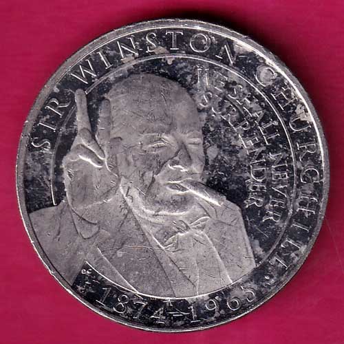Gibraltar Elizabeth II Sir Winston Churchill with cigar and V-sign date below 1874-1965 Half Crown–@HUB1967