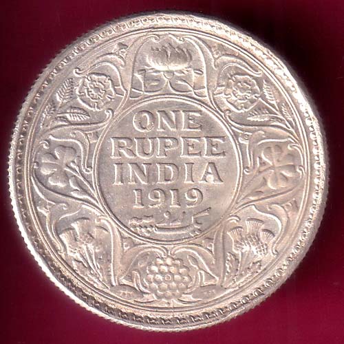 British India 1919 Bombay Mint George v One Rupee Silver coin –@HUB3257