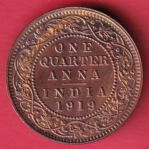 British India 1919 George ONE QUARTER ANNA COPPER coin– oo3657