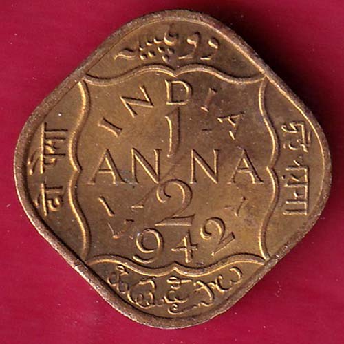 BRITISH INDIA 1942 GEORGE VI 1/2 ANNA COIN –@HUB2224