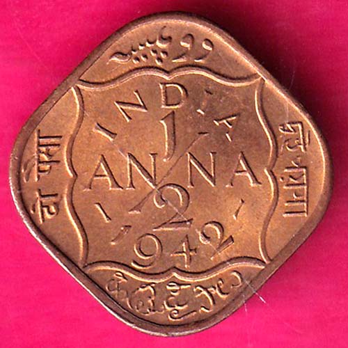 BRITISH INDIA 1942 GEORGE VI 1/2 ANNA  COIN:- OO311