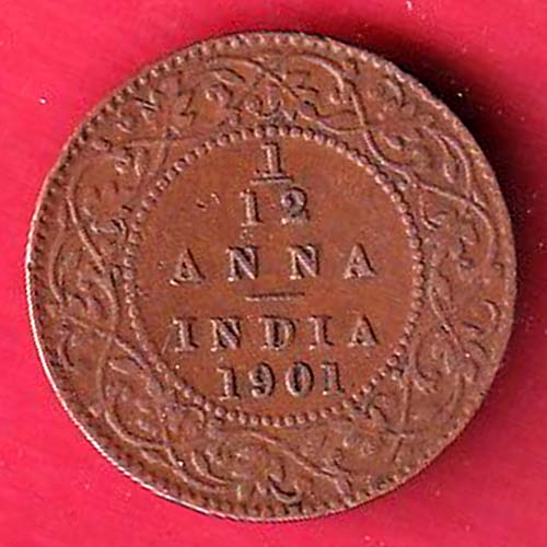 BRITISH INDIA 1901  VICTORIA EMPRESS 1/12 ANNA RARE COPPER COIN–OO5821