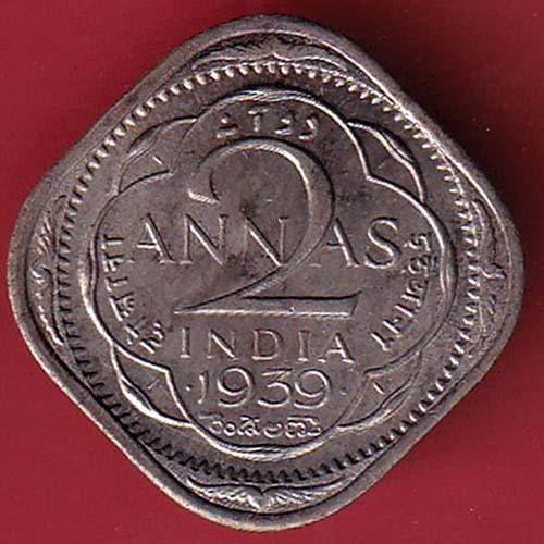 british india 1939 george vi two annas coin:- OO3056