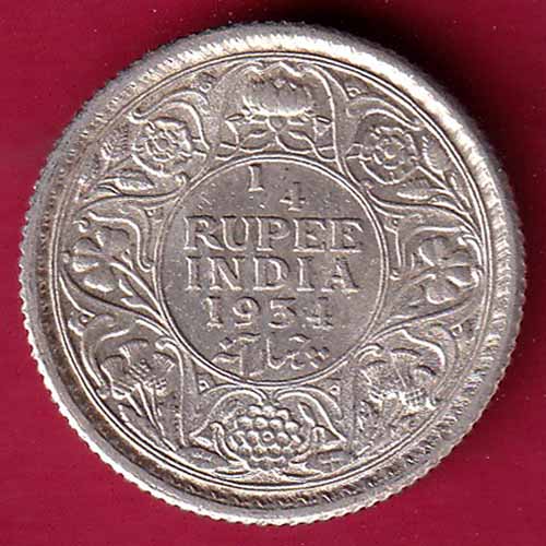 BRITISH INDIA 1934 GEORGE V 1/4 RUPEE SILVER COIN  :- S1286
