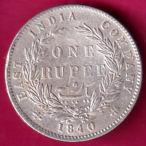 EAST INDIA COMPANY 1840 DIVIDED LEGEND VICTORIA QUEEN ONE RUPEE SILVER COIN–@HUB3923