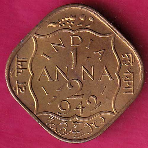 BRITISH INDIA 1942 GEORGE VI 1/2 ANNA COIN–@HUB1970