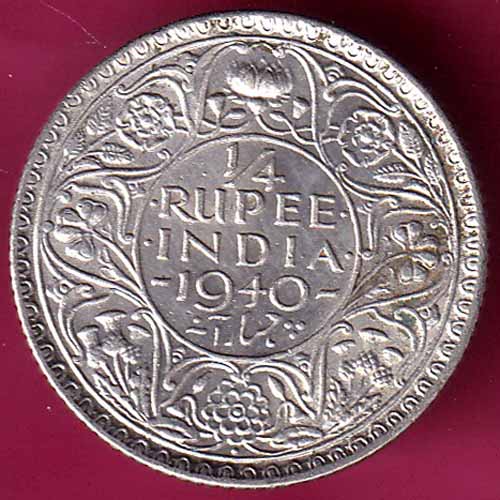 British India 1940 Bombay Mint George VI 1/4 Rupee Silver Coin:- S2678