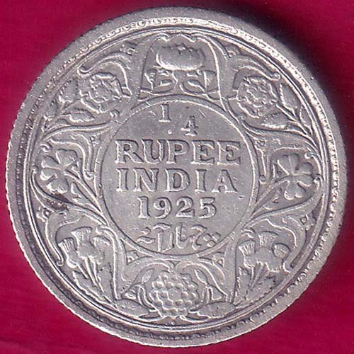 BRITISH INDIA 1925 BOMBAY MINT GEORGE V 1/4 RUPEE RARE SILVER COIN –@HUB3420
