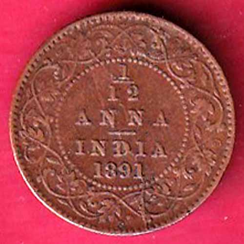 british india 1891 victoria empress 1/12 ANNA copper coin–VA368