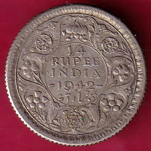 BRITISH INDIA 1942 GEORGE VI 1/4 RUPEE BEAUTIFUL SILVER COIN–@HUB2266