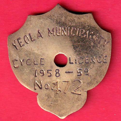 CYCLE TOKEN: YEOLA MUNCIPALITY CYCLE LICENSE 1958-59 NO. 472–OO5325