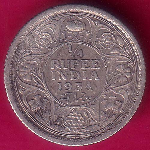BRTISH INDIA 1934 GEORGE V 1/4 RUPEE BEAUTIFUL SILVER COIN :- OO1289
