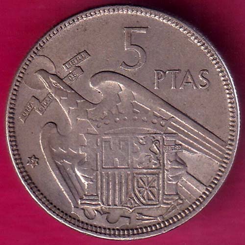 Spain Head of Francisco Franco facing right  5 Pesetas Rare Coin–@HUB3523