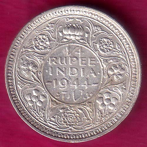 BRITISH INDIA 1944 BOMBAY MINT GEORGE VI 1/4 RUPEE BEAUTIFUL SILVER COIN  :- OO1679
