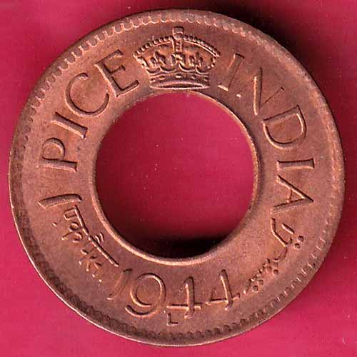British india king george vi 1944 LAHORE MINT one pice copper coin :- S1187