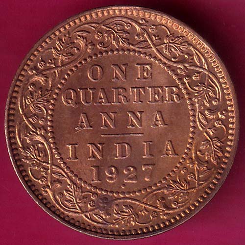 BRITISH INDIA 1927 GEORGE V KING EMPEROR ONE QUARTER ANNA –@HUB2798
