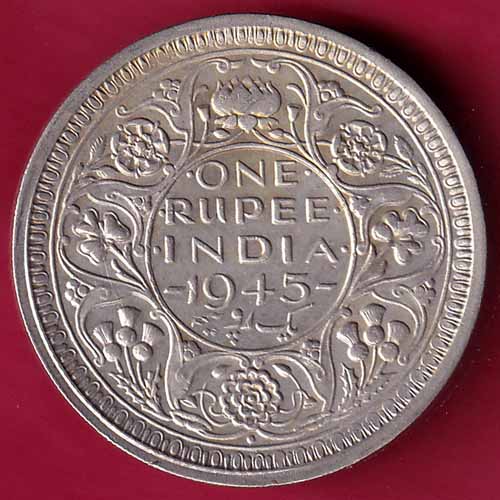 British India 1945 Bombay Mint George VI One Rupee Silver Coin - S1356