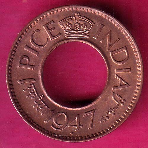 UNC british india king george vi 1947 one pice copper coin:- OO1582