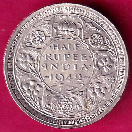 BRITISH INDIA 1942 BOMBAY MINT GEORGE VI HALF RUPEE BEAUTIFUL SILVER COIN:- OO392