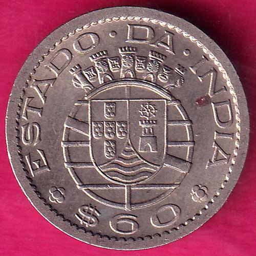 PORTUGUESE INDIA 1958 GOA 60 CENTAVOS RARE COIN :- OO425