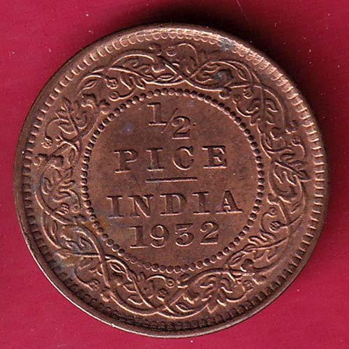 BRITISH INDIA 1932 GEORGE V 1/2 PICE COPPER COIN:-S2668
