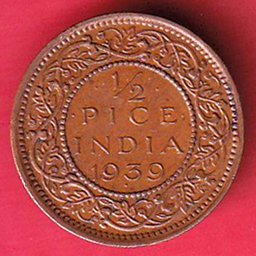 BRITISH INDIA 1939 GEORGRE VI KING 1/2 PICE COPPER COIN :- OO4436