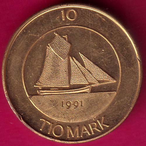 ALAND 1991 TIO MARK RARE COIN:- OO1031