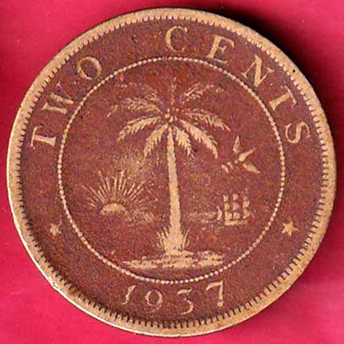 Republic Of liberia Two Cents 1937 :- S2784