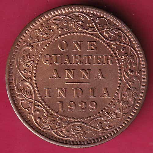 BRITISH INDIA 1929 GEORGE V KING EMPEROR ONE QUARTER ANNA :- @HUB1419