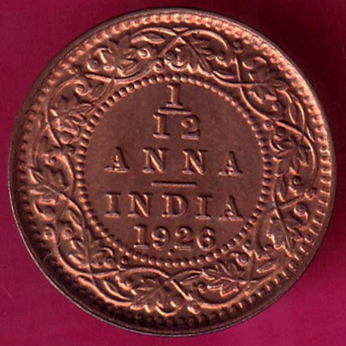 BRITISH INDIA 1926 GEORGE V 1/12 ANNA COPPER COIN –@HUB2795