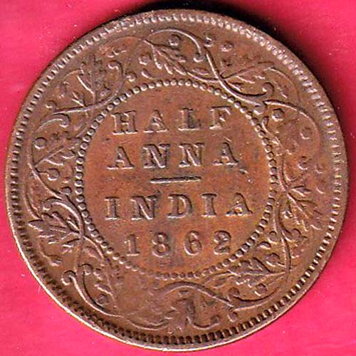 British india 1862 victoria queen half anna copper coin–@HUB4532