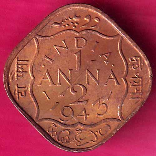 UNC british india 1/2 anna 1943 king george vi scarce coin  :- OO1020