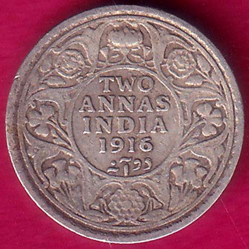 British India 1916 George V TWO ANNAS Silver coin–@HUB3434