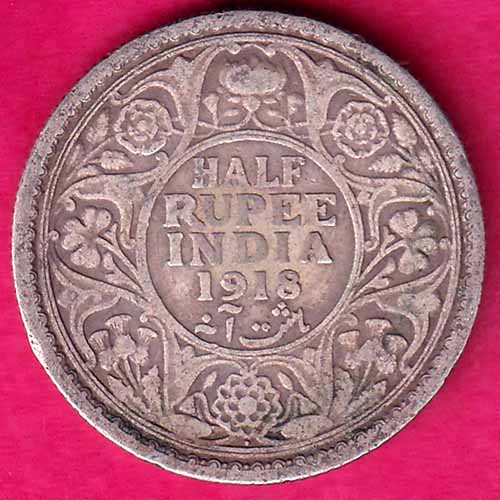 british india 1918 george v half rupee silver coin –@HUB3975