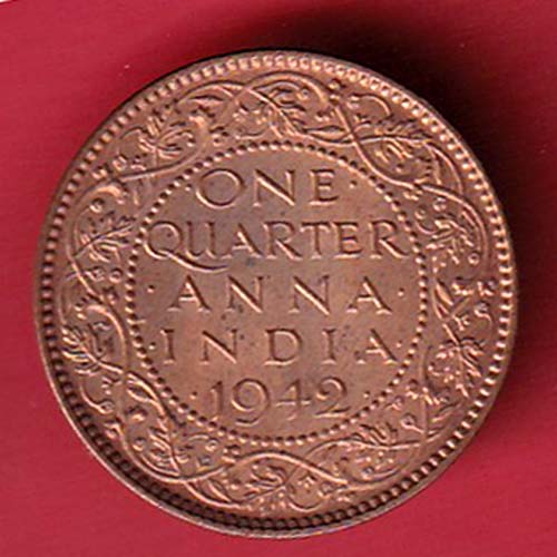 BRITISH INDIA 1942 GEORGE VI KING EMPEROR ONE QUARTER ANNA –@HUB5340