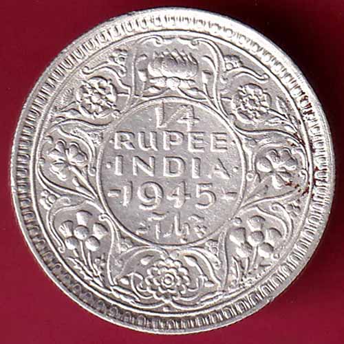 British India 1945 Bombay Mint George VI 1/4 Rupee Silver Coin – S978