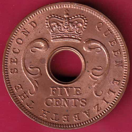 EAST AFRICA UNC 1963 “QUEEN ELIZABETH THE SECOND” FIVE CENTS RARE COIN - S1393